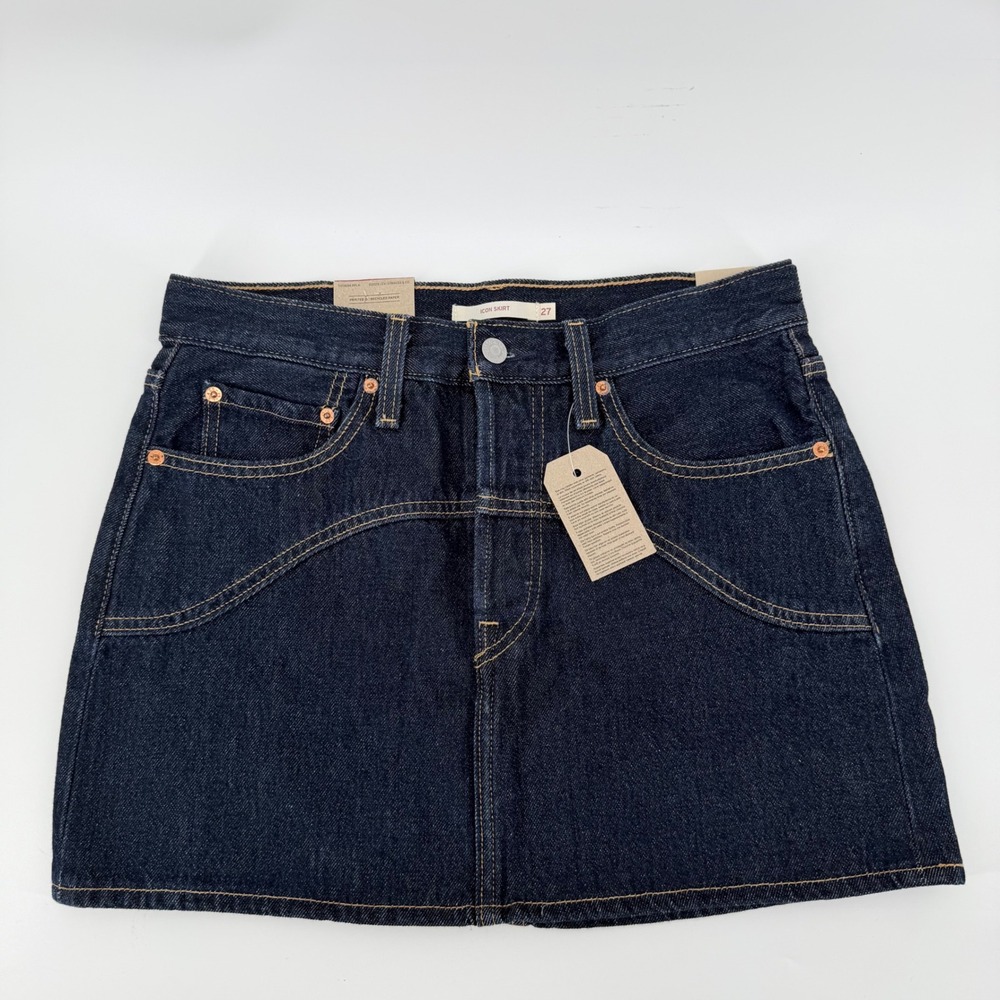 Levi's Women 27 Icon Skirt Dark Wash Indigo Denim Mid Rise Mini Skirt Button Fly